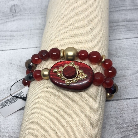 Chico's regal faux ruby beaded costume dressy stretch statement bracelet NEW. - Picture 2 of 5